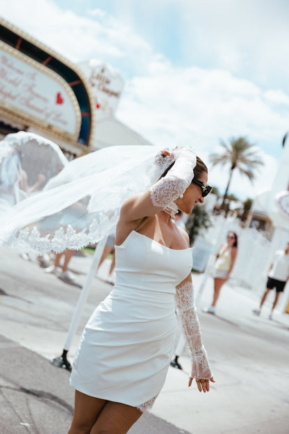 Aleksandra - Crepe Mini Bridal Dress with Detachable Lace Sleeves & Choker