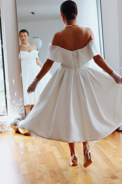 Karolina ~ Elegant Off-the-Shoulder Midi Wedding Dress