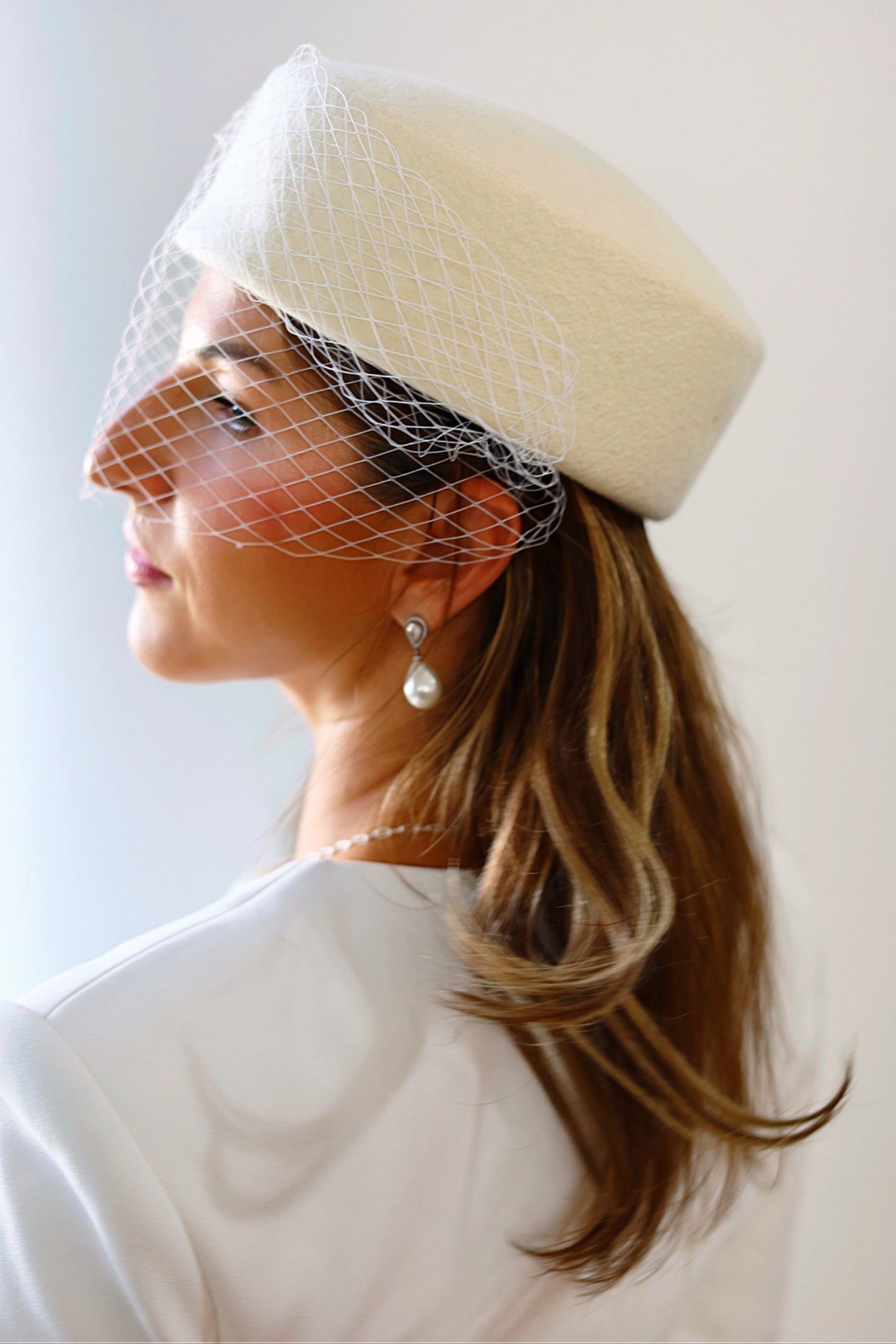 Bridal Pillbox Hat with Birdcage Veil