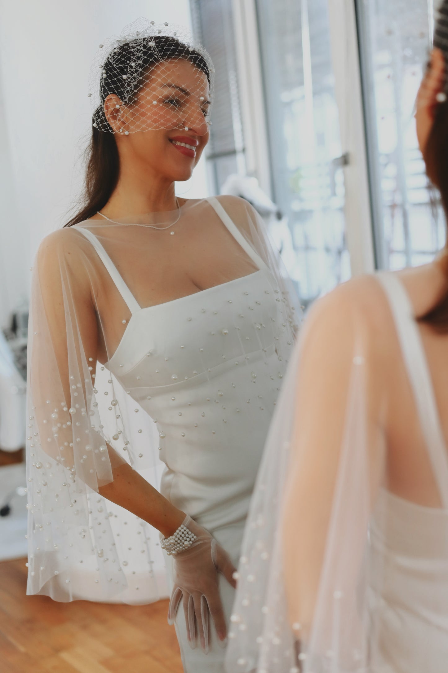 Pearl Embellished Bridal Cape