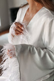 Feather Sleeve Satin Bridal Robe - Velo Bianco