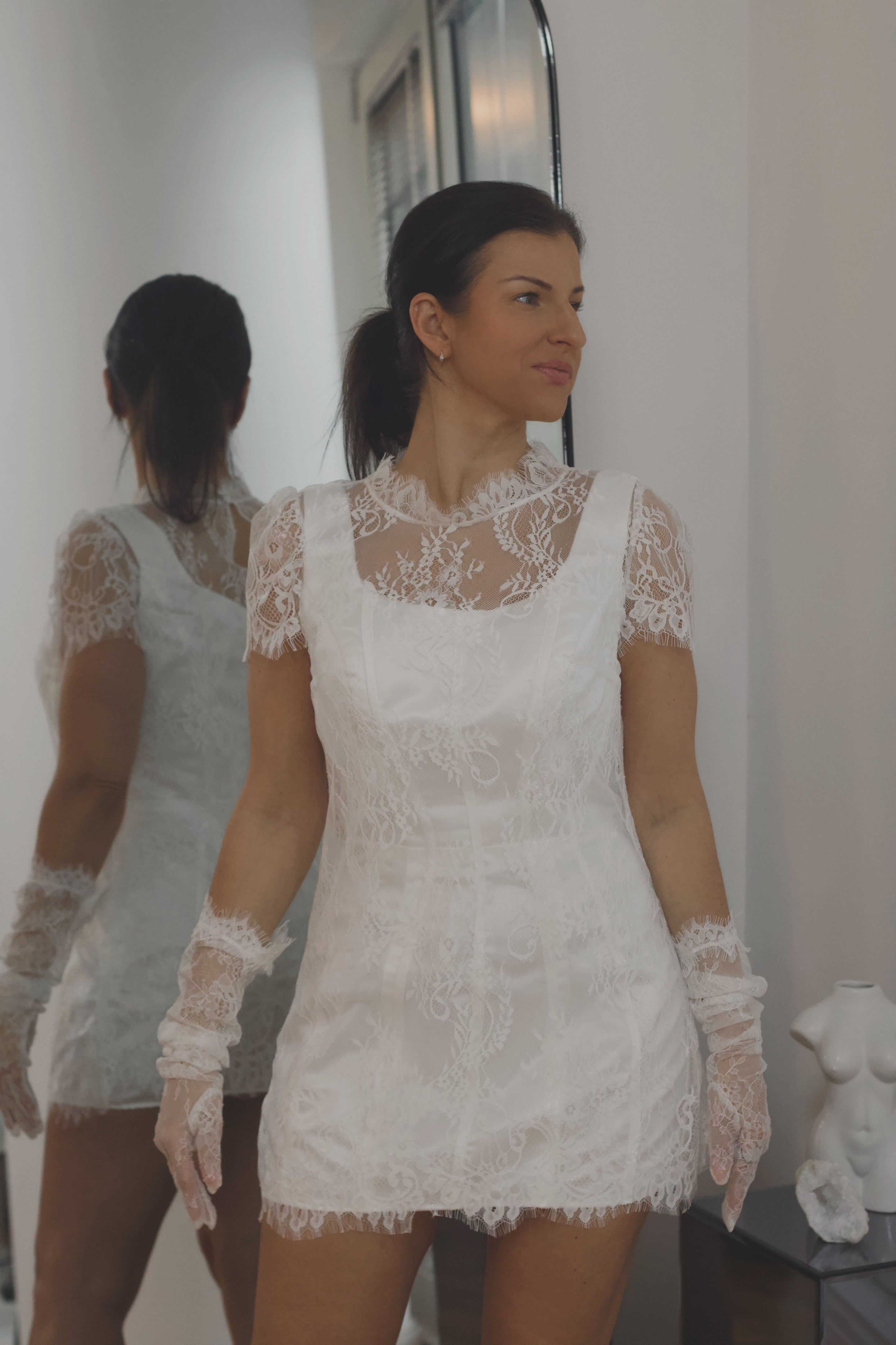 chantilly lace mini dress Chantilly Tied Shoulder Mini Dress White