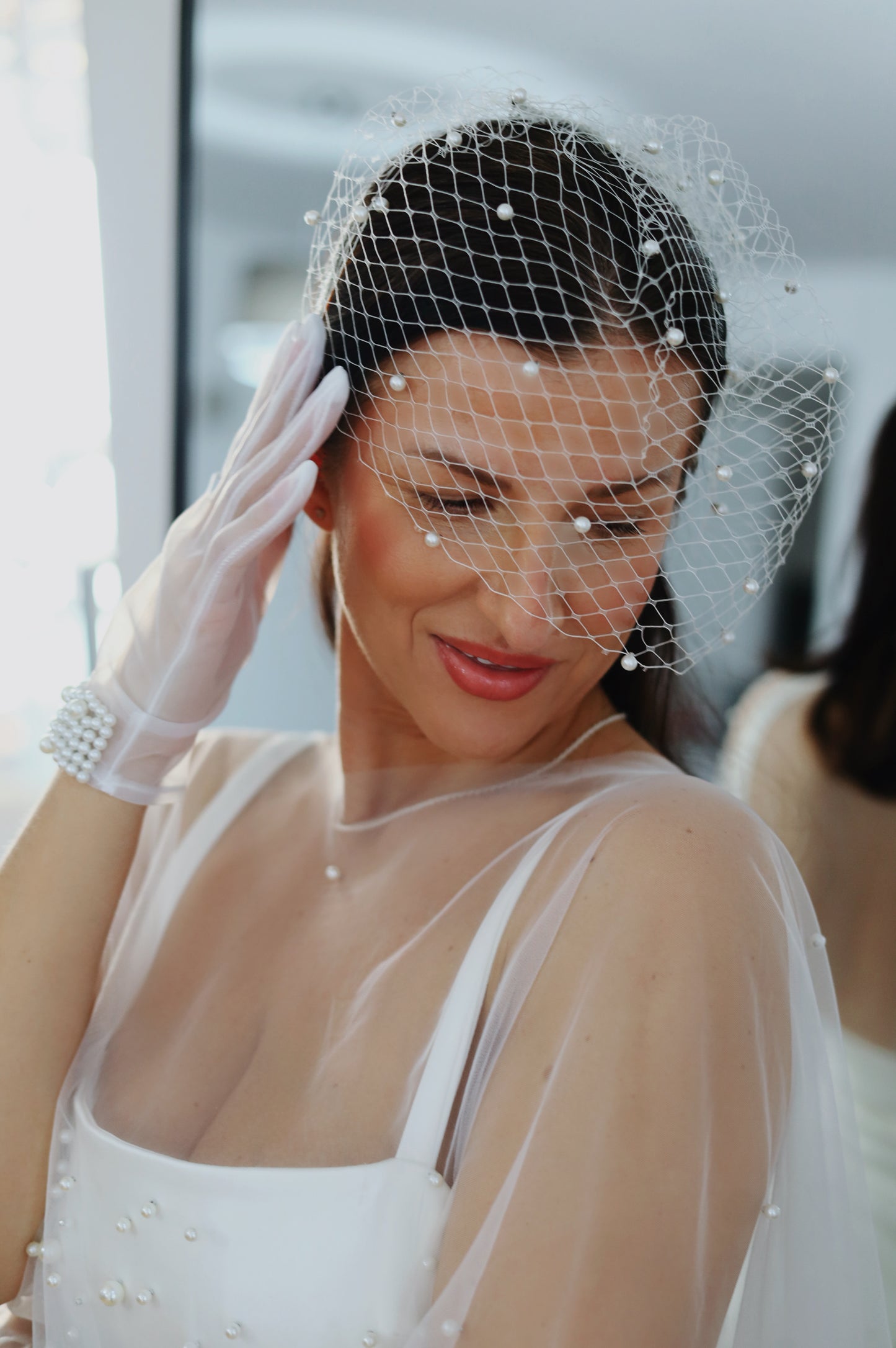 Large Birdcage Bridal Veil with Pearls