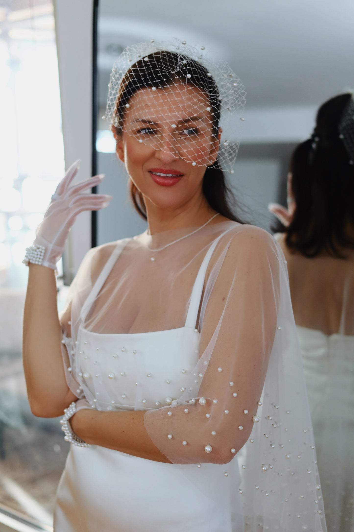 Large Birdcage Bridal Veil with Pearls