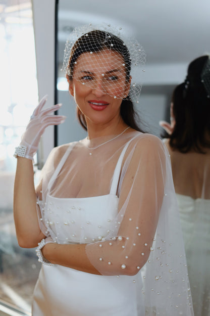 Large Birdcage Bridal Veil with Pearls