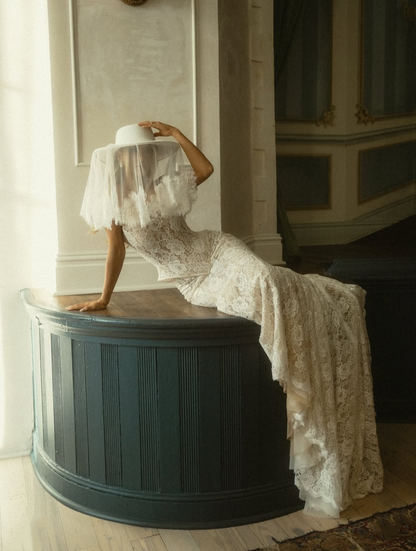 White Bridal Hat with Lace Veil