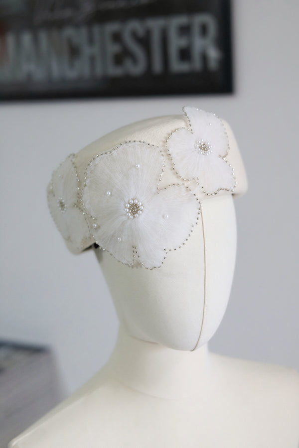 Pillbox Hat with Pearl and Lace Embellishments