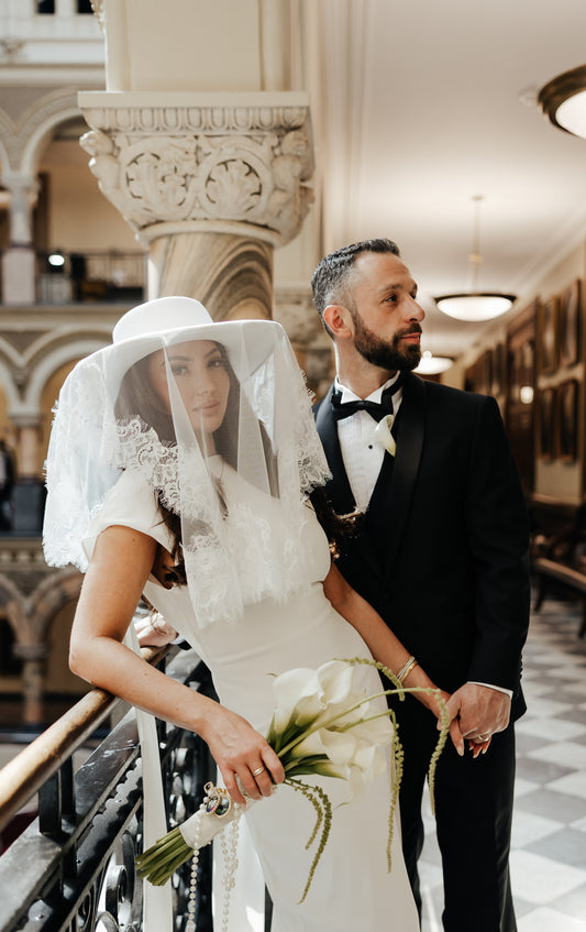 White Bridal Hat with Lace Veil