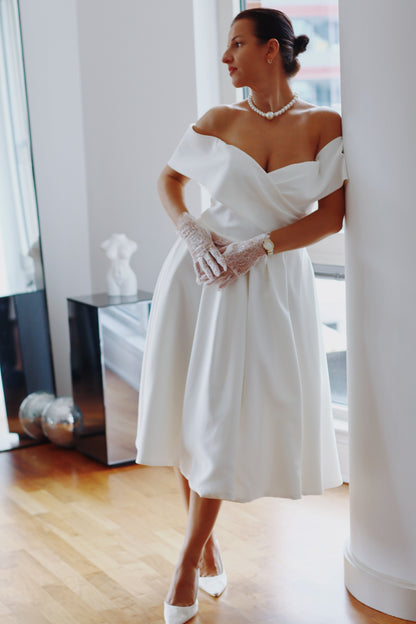 Karolina ~ Elegant Off-the-Shoulder Midi Wedding Dress