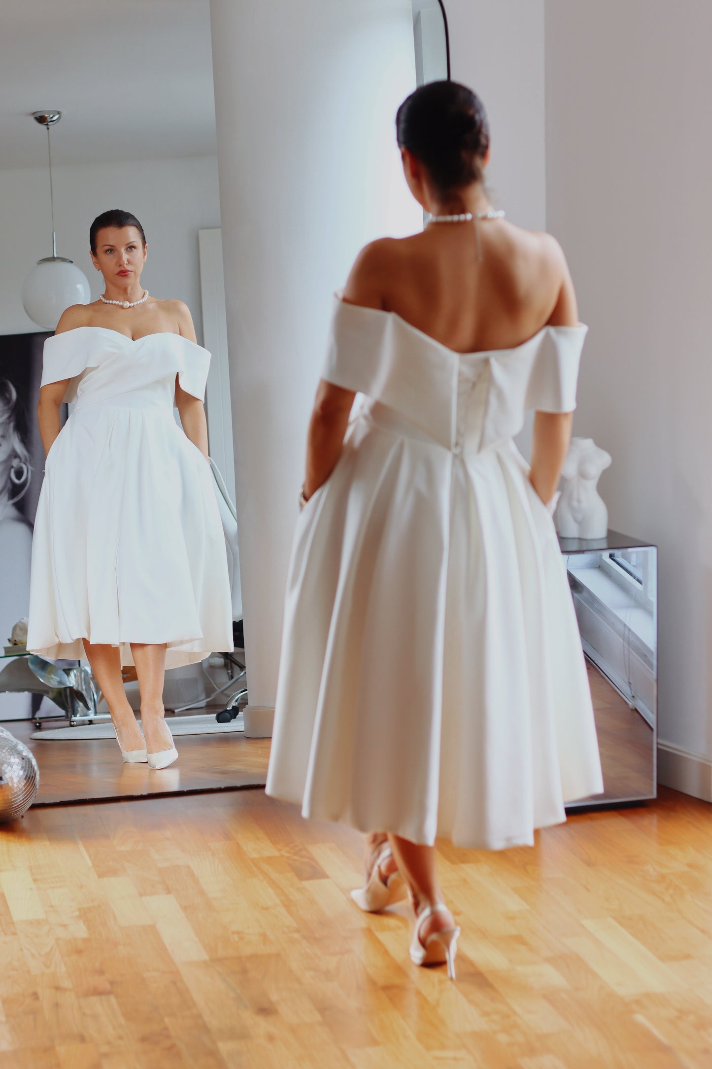 Karolina ~ Elegant Off-the-Shoulder Midi Wedding Dress