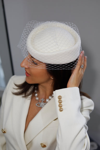 Bridal Pillbox Hat with Birdcage Veil