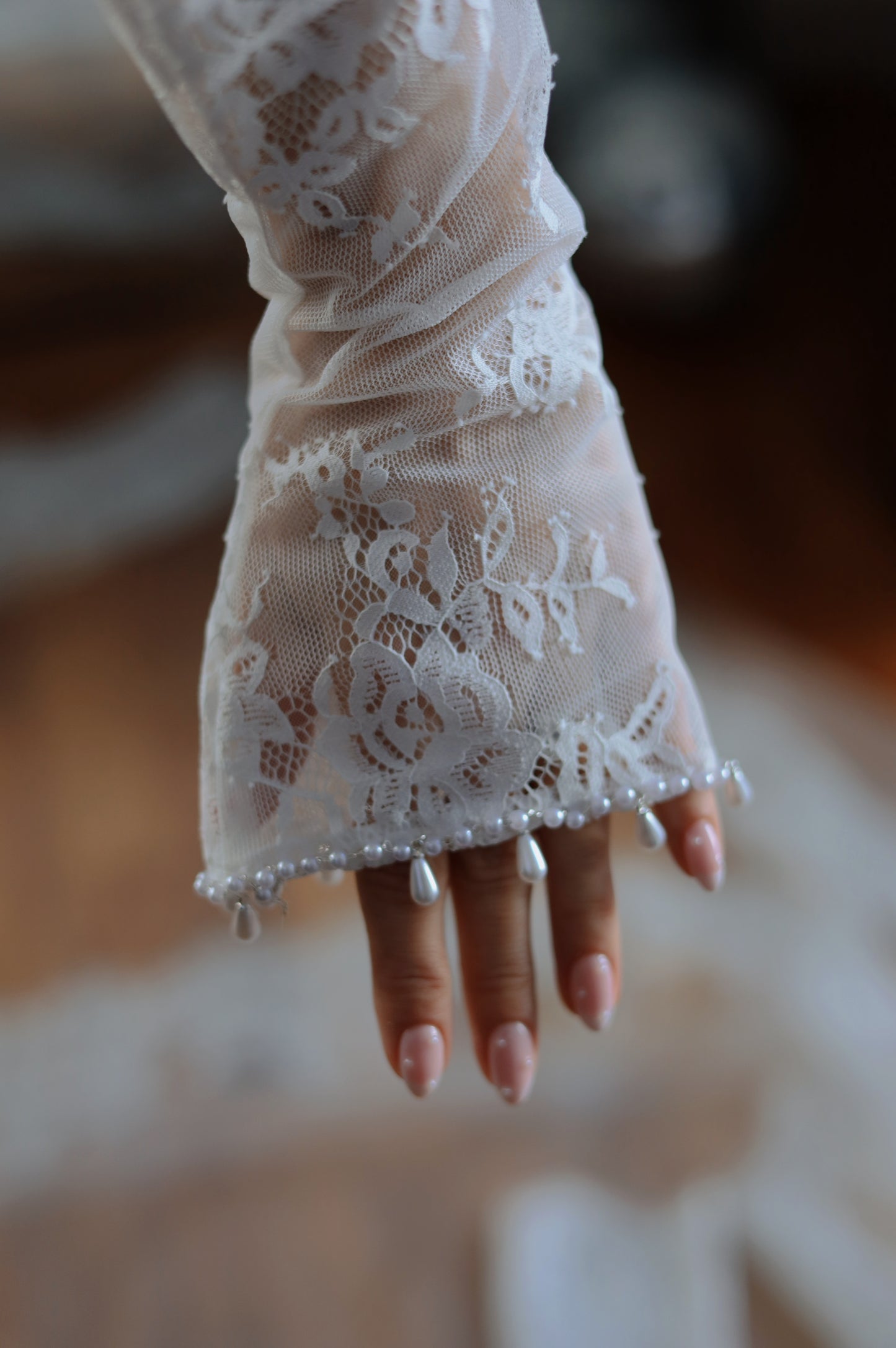 Luxury Detachable Lace Wedding Sleeves with Pearl Trim