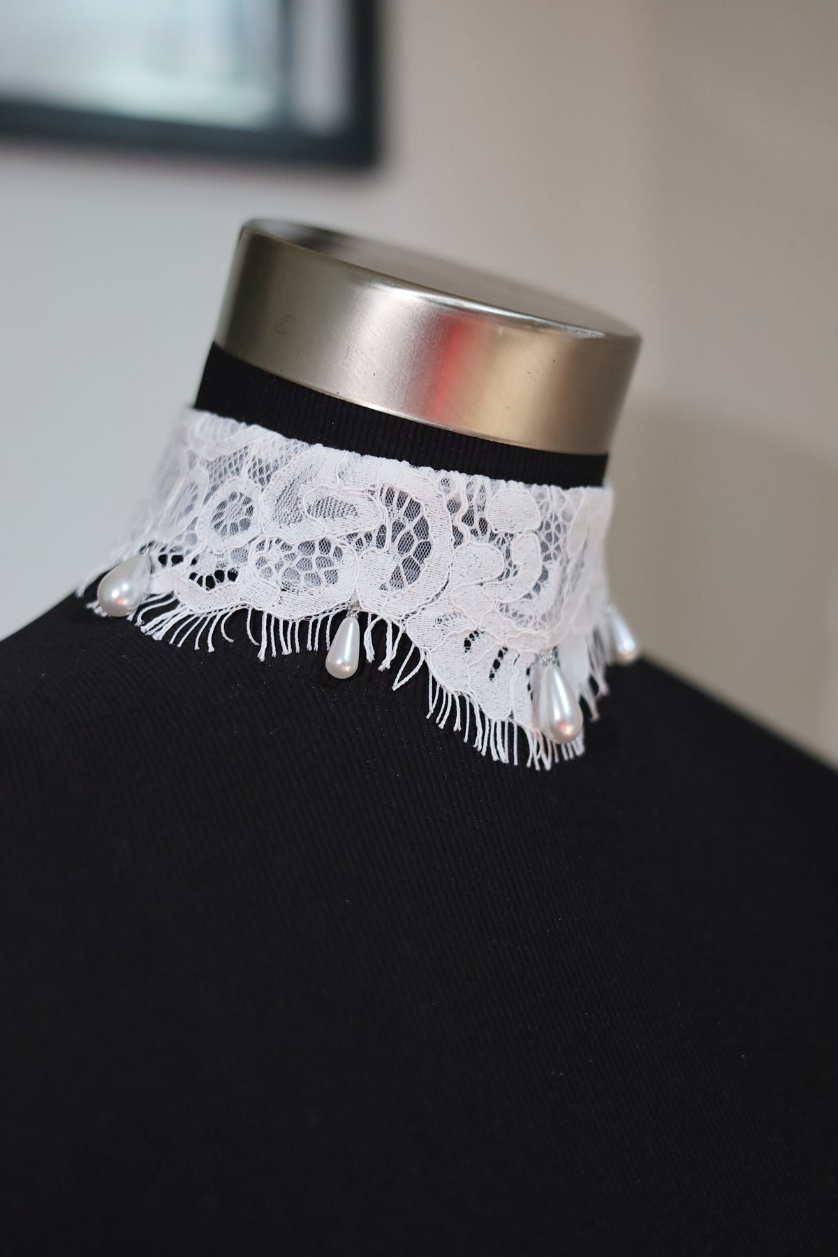 Lace Bridal Choker with Drop Pearls
