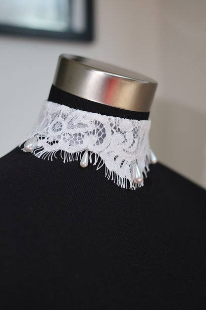 Lace Bridal Choker with Drop Pearls