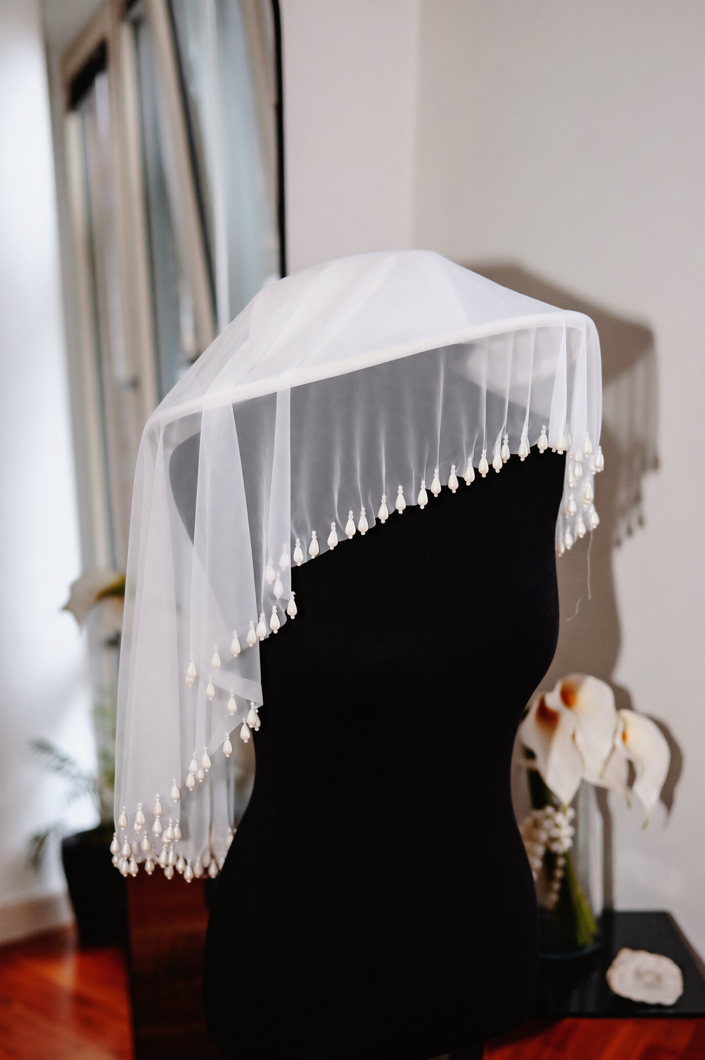 White Bridal Hat with Pearl Drop Veil
