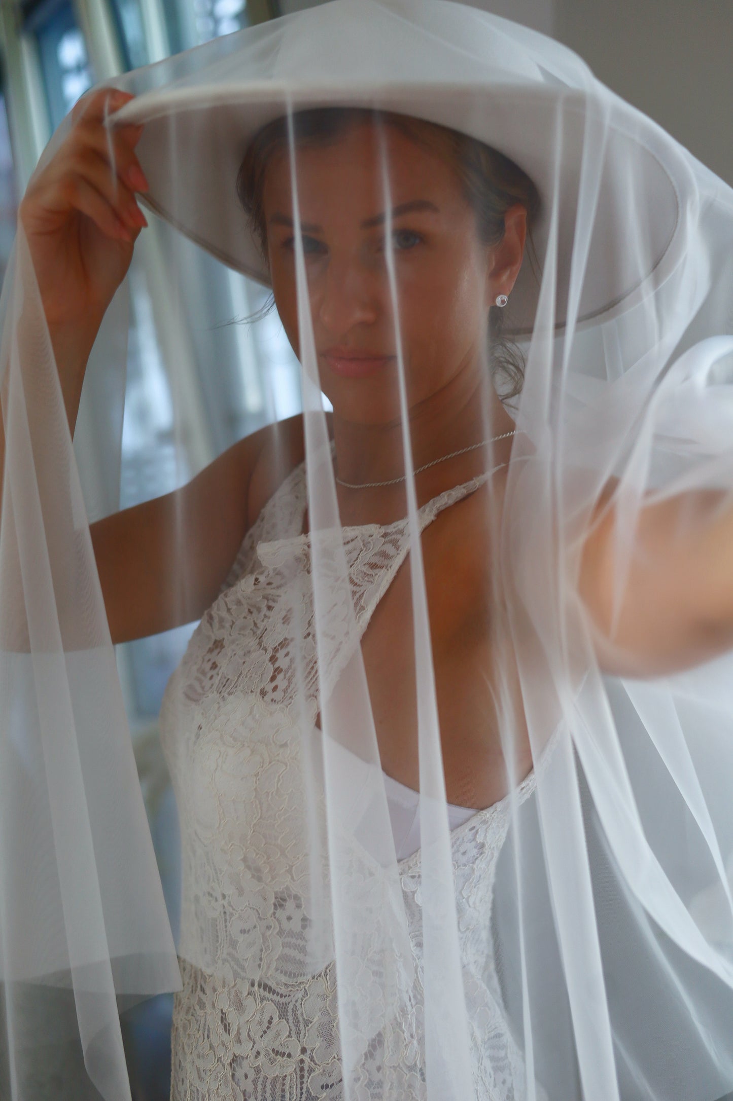 White Bridal Hat with Long Tulle Veil