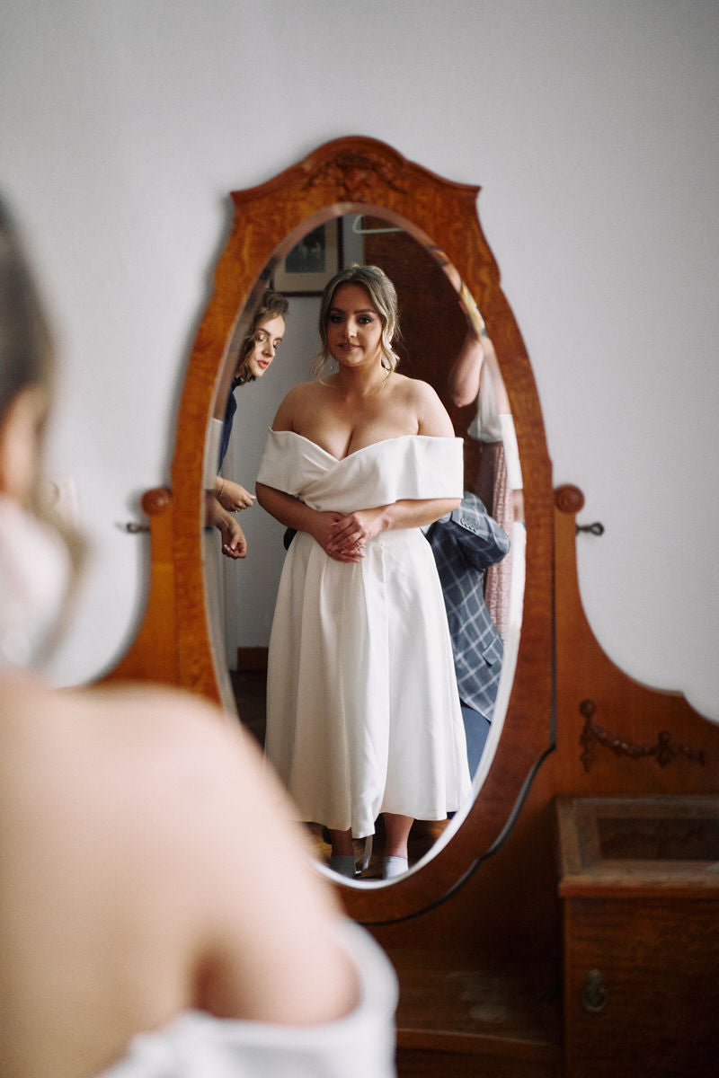 Karolina ~ Elegant Off-the-Shoulder Midi Wedding Dress