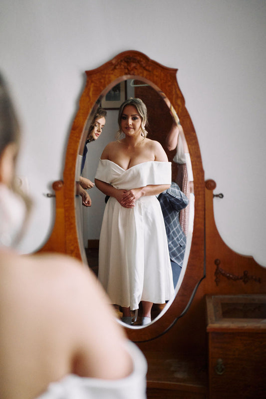 Karolina ~ Elegant Off-the-Shoulder Midi Wedding Dress