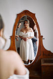 Karolina ~ Elegant Off-the-Shoulder Midi Wedding Dress