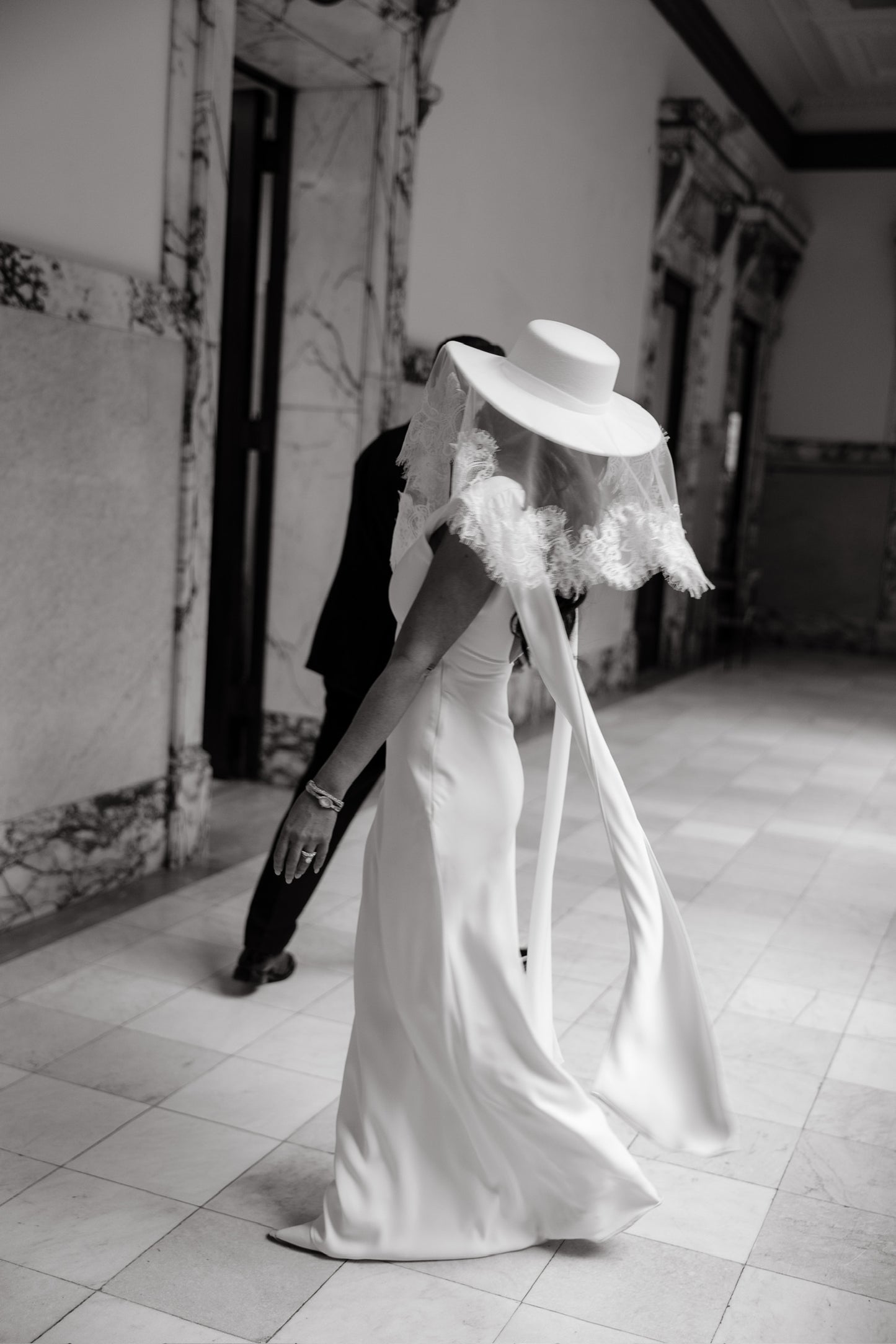 White Bridal Hat with Lace Veil