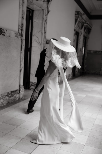 White Bridal Hat with Lace Veil