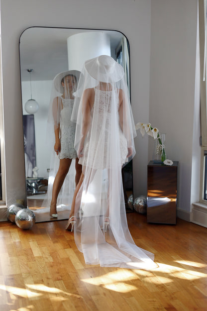 White Bridal Hat with Long Tulle Veil