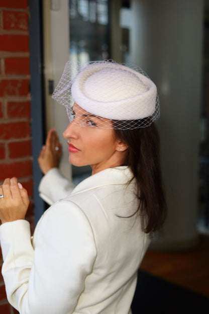 Bridal Pillbox Hat with Birdcage Veil