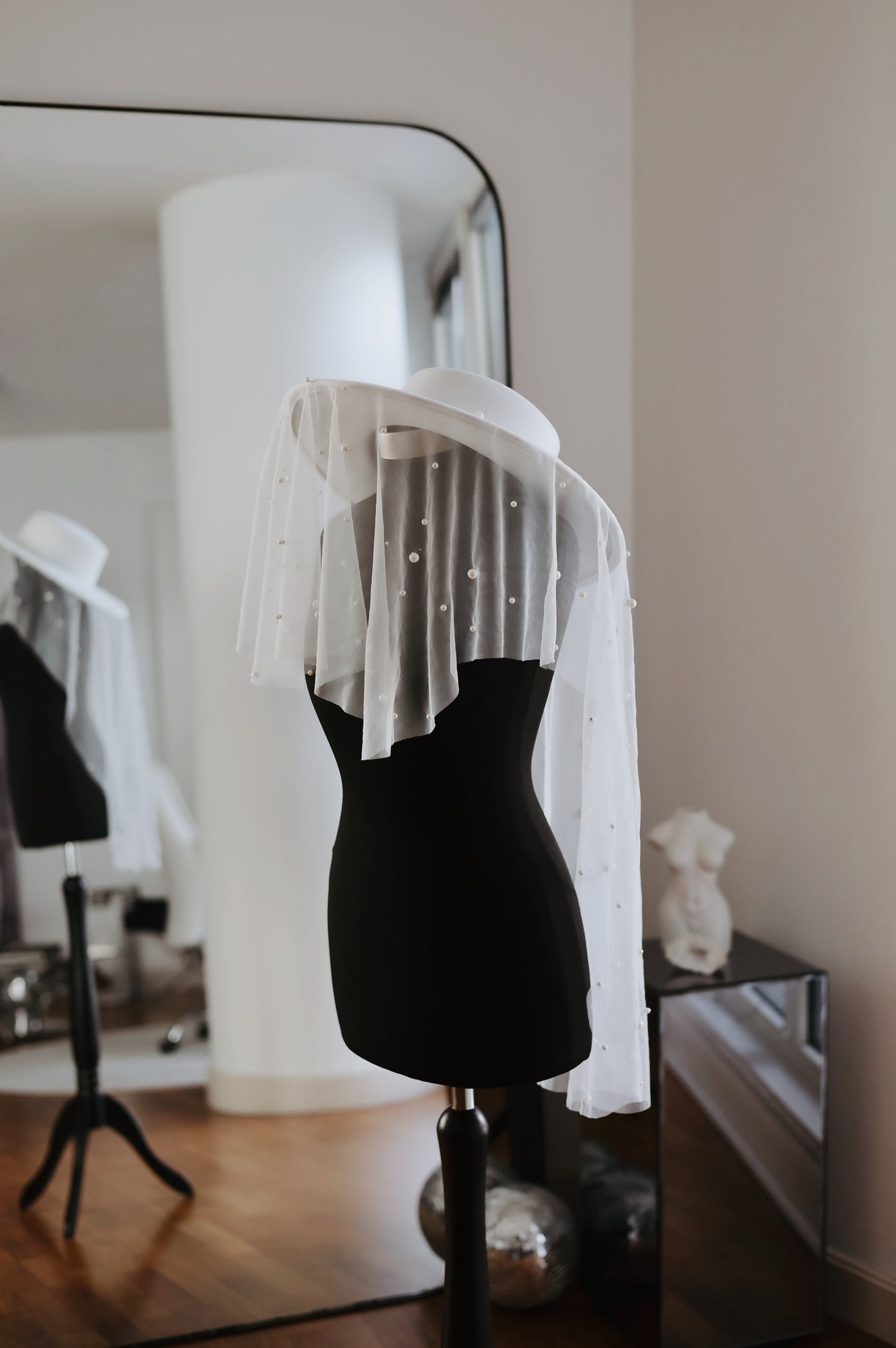 White Bridal Hat with Pearl Veil