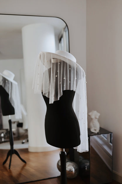 White Bridal Hat with Pearl Veil