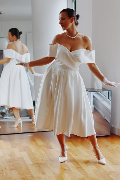 Karolina ~ Elegant Off-the-Shoulder Midi Wedding Dress