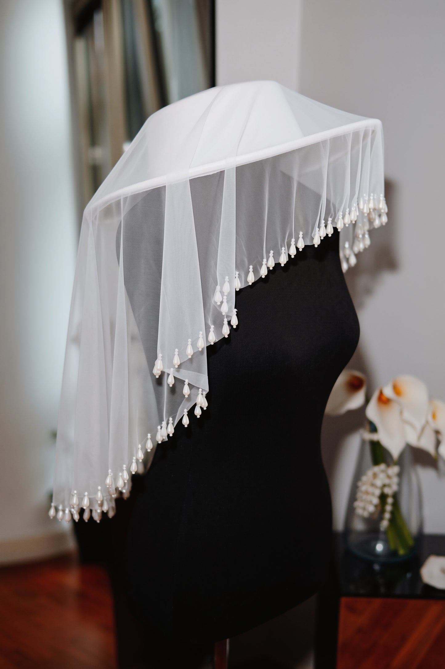White Bridal Hat with Pearl Drop Veil