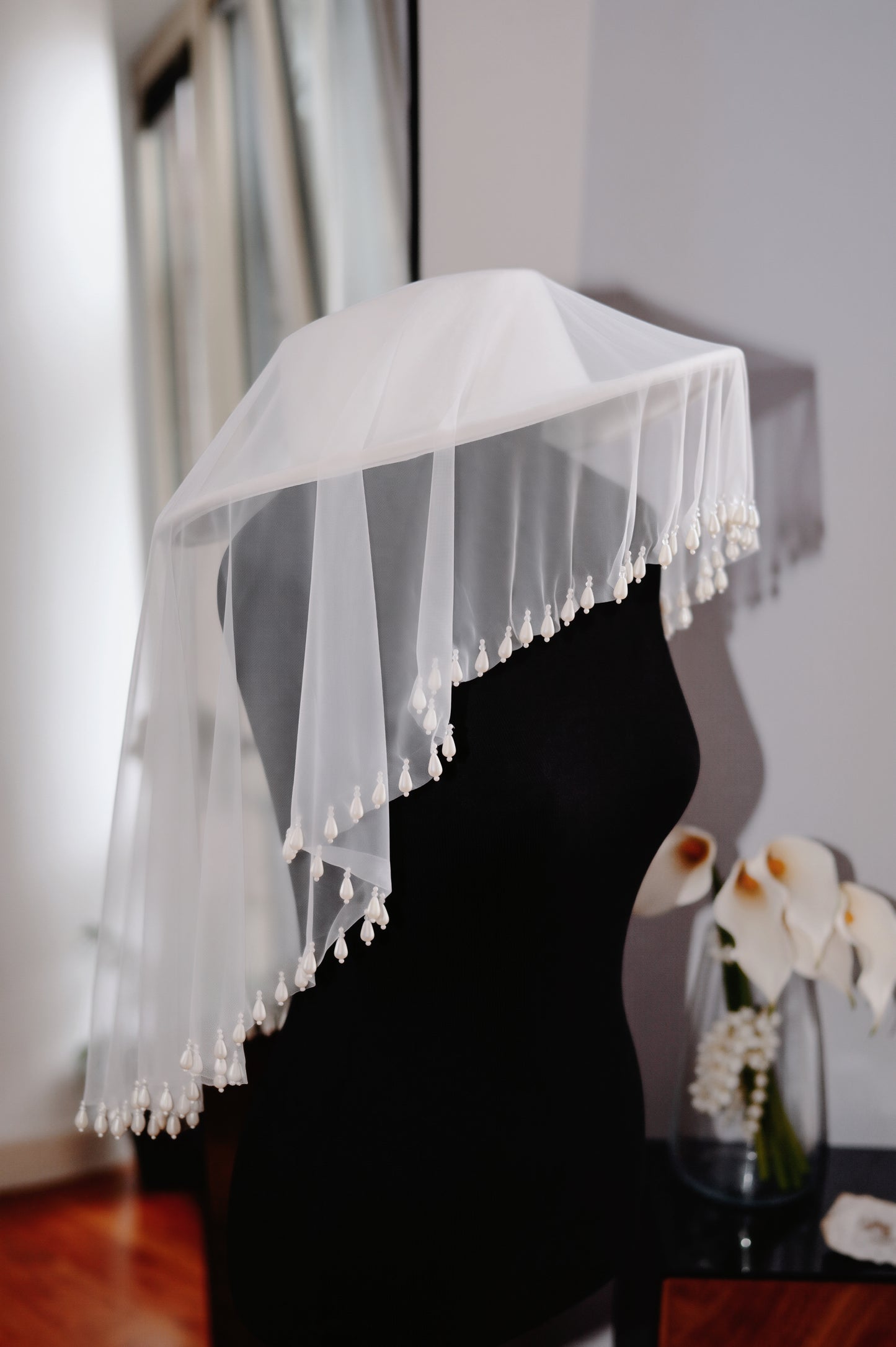 White Bridal Hat with Pearl Drop Veil