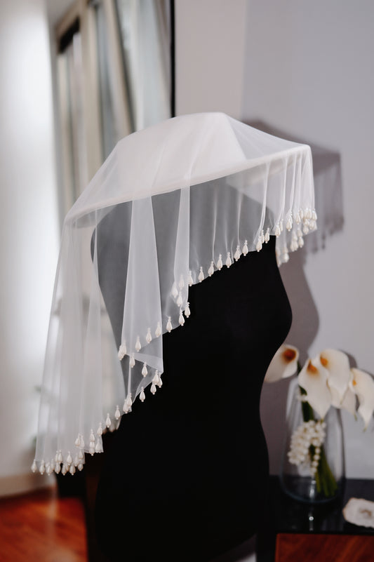 White Bridal Hat with Pearl Drop Veil