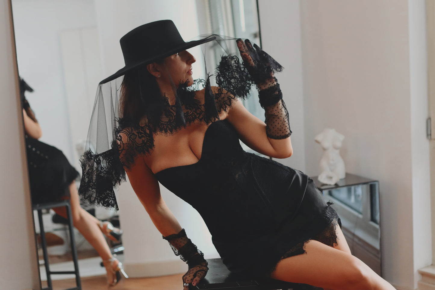 Black Bridal Hat with Lace Veil