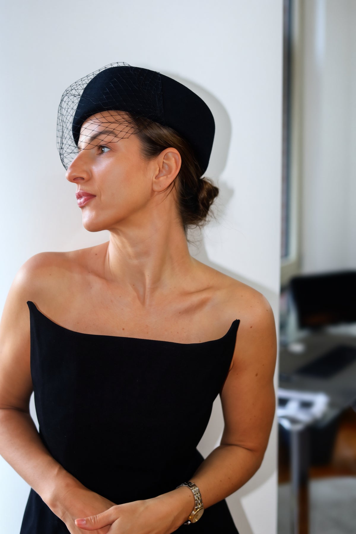 Black Pillbox Hat with Birdcage Veil