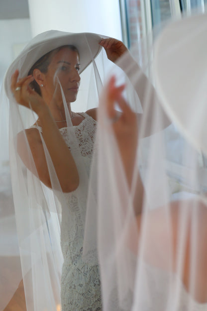 White Bridal Hat with Long Tulle Veil