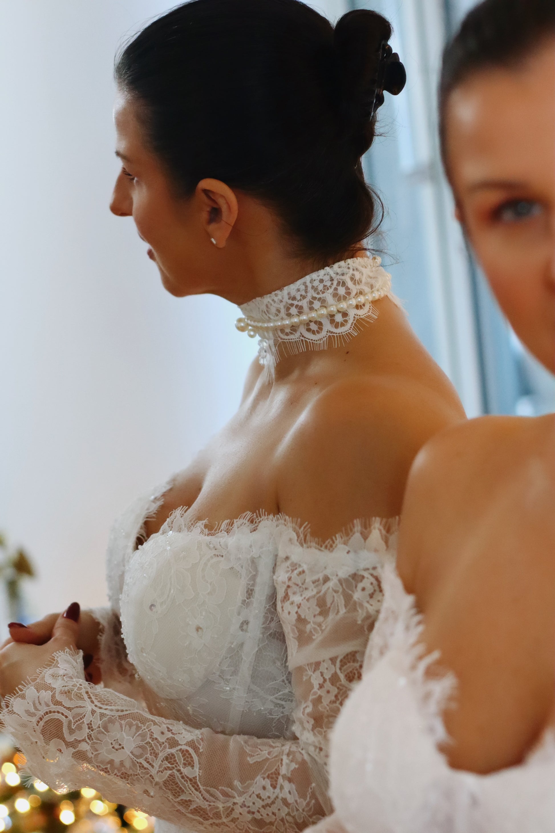 Bridal lace choker with lace wedding dress. 