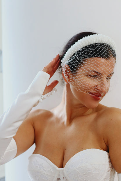 Ivory Satin and Pearl Headband Veil