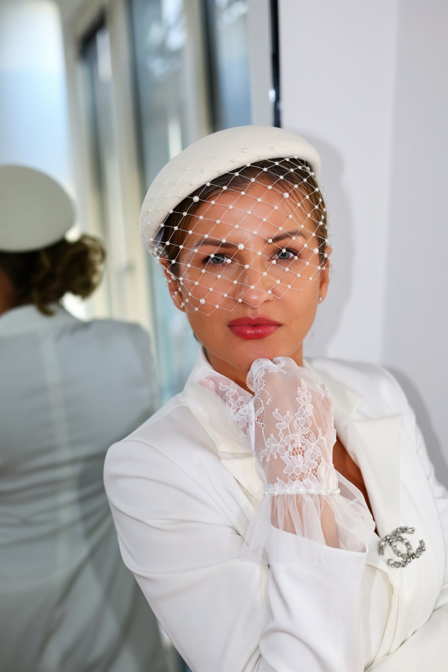 Bridal Pillbox Hat with Birdcage Pearl Veil
