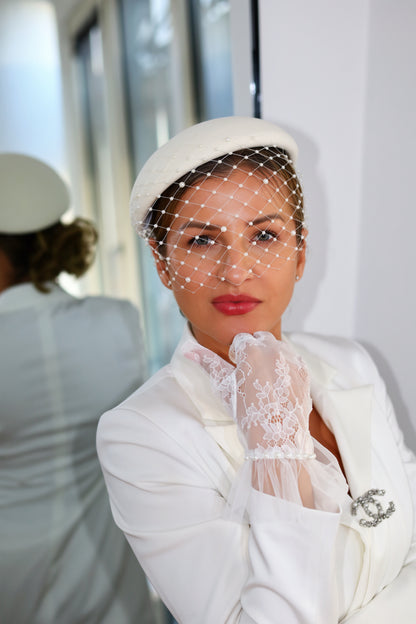 Bridal Pillbox Hat with Birdcage Pearl Veil