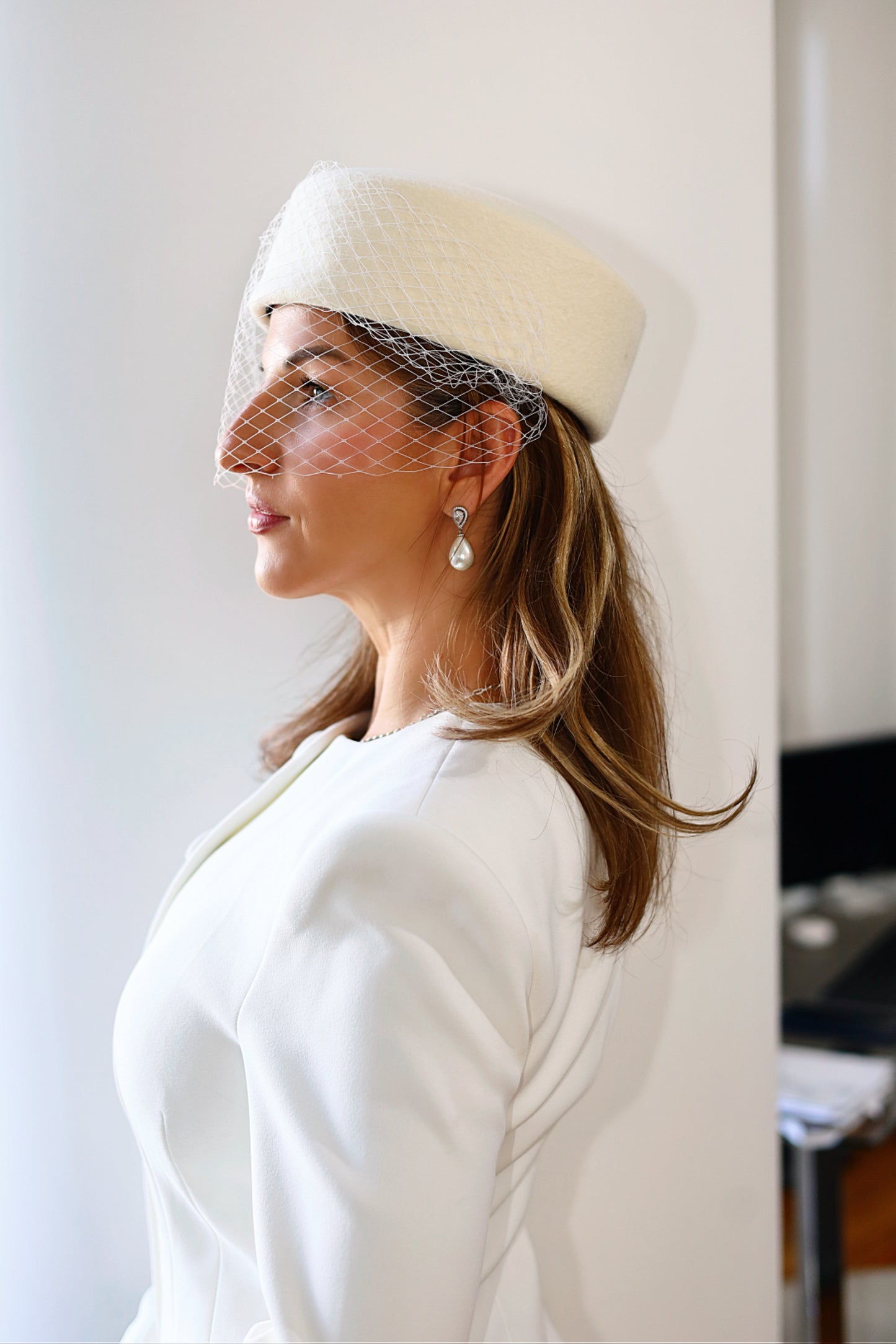 Bridal Pillbox Hat with Birdcage Veil