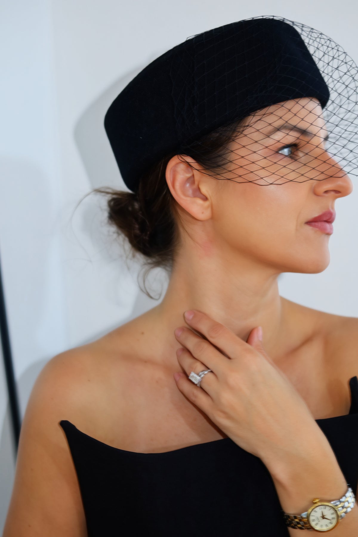Black Pillbox Hat with Birdcage Veil