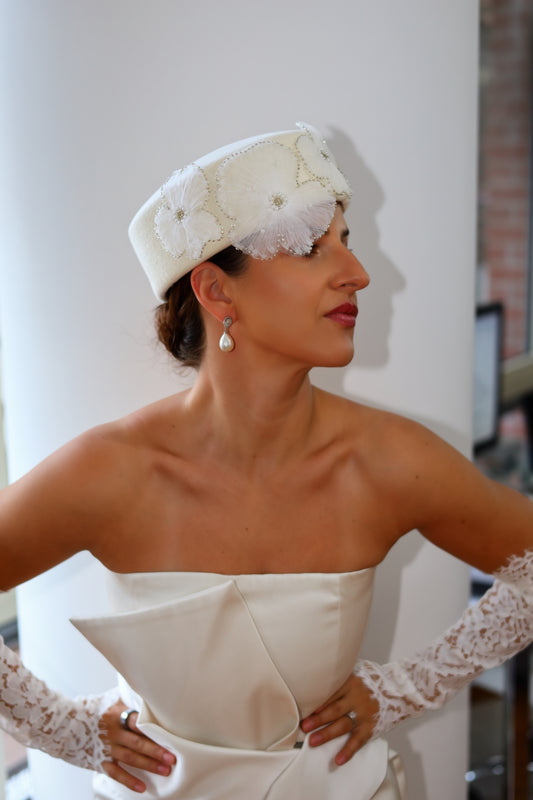 Pillbox Hat with Pearl and Lace Embellishments