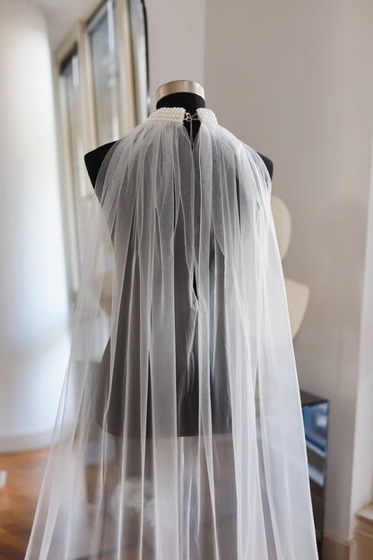Elegant Tulle Cape with Pearl Choker