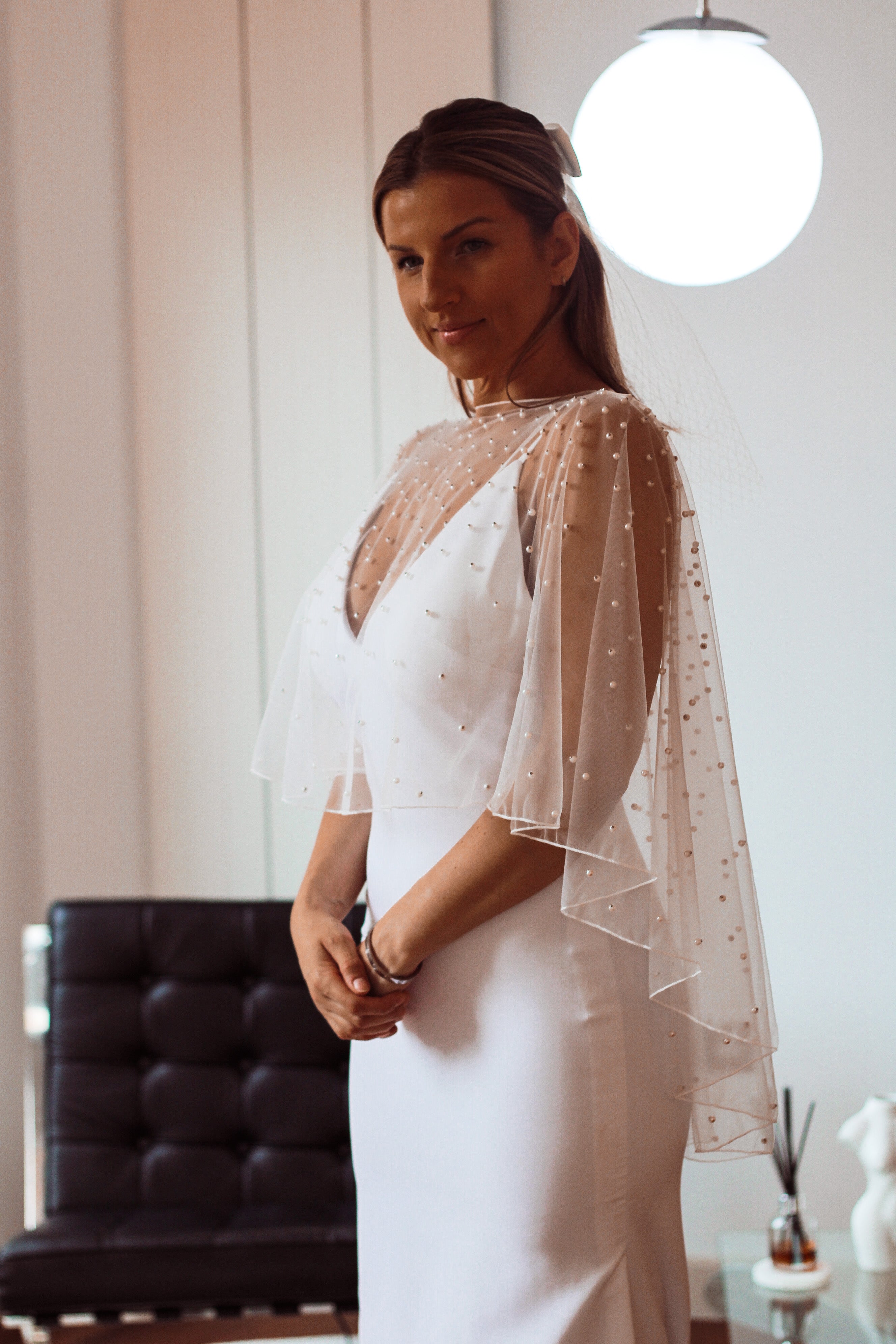 Pearl Embellished Bridal Cape – Velo Bianco1