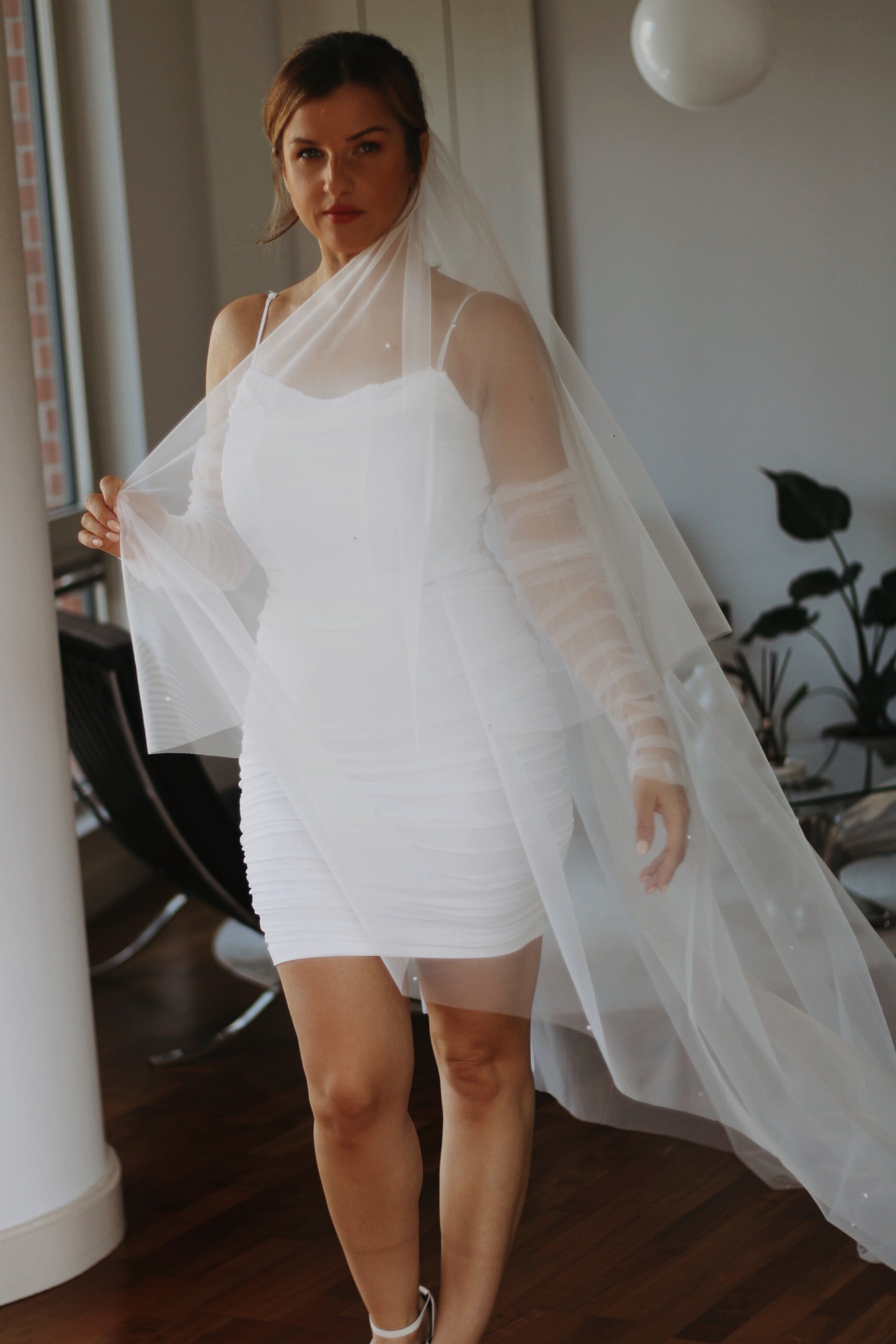 Pearl Tulle Drop Wedding Veil - Velo Bianco