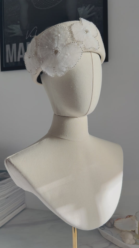 Pillbox Hat with Pearl and Lace Embellishments