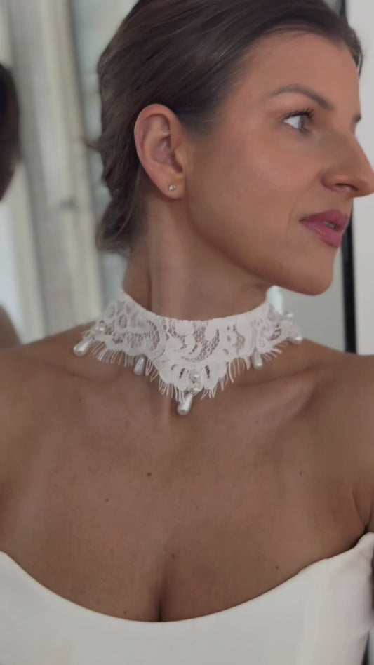 Lace Bridal Choker with Drop Pearls