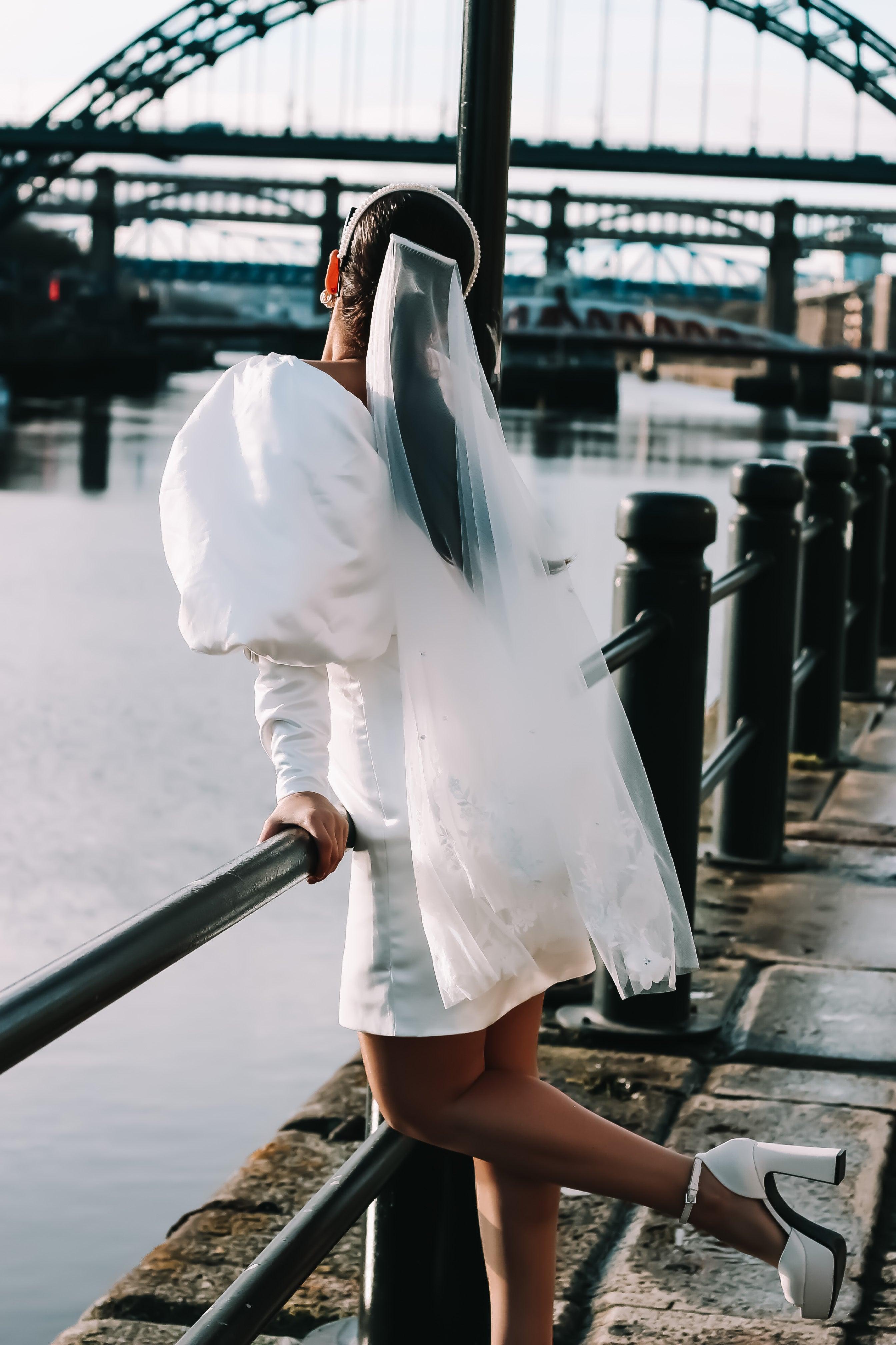 Puff Sleeve Satin Mini Wedding Dress – Velo Bianco